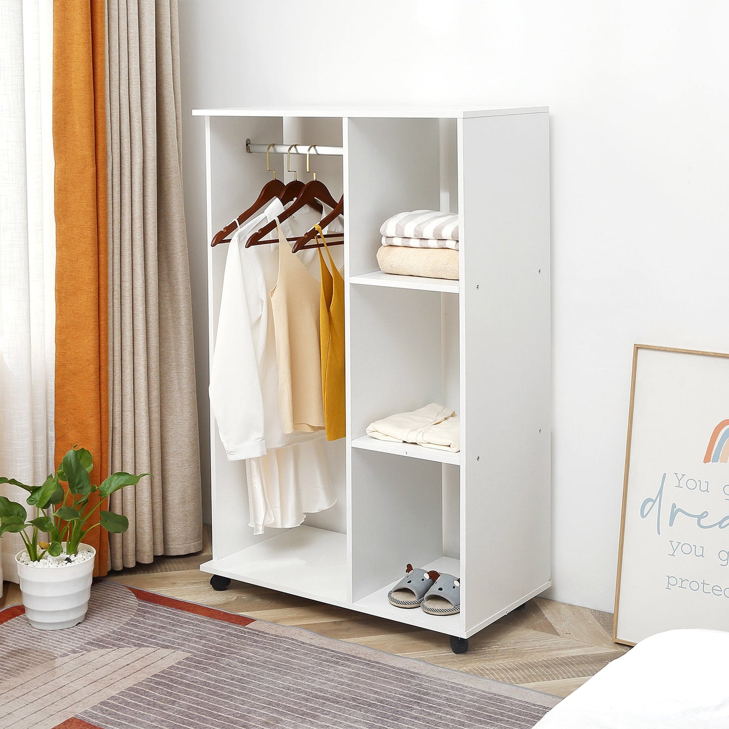 Open Wardrobe with Hanging Rail and Storage Shelves w/Wheels Bedroom-White