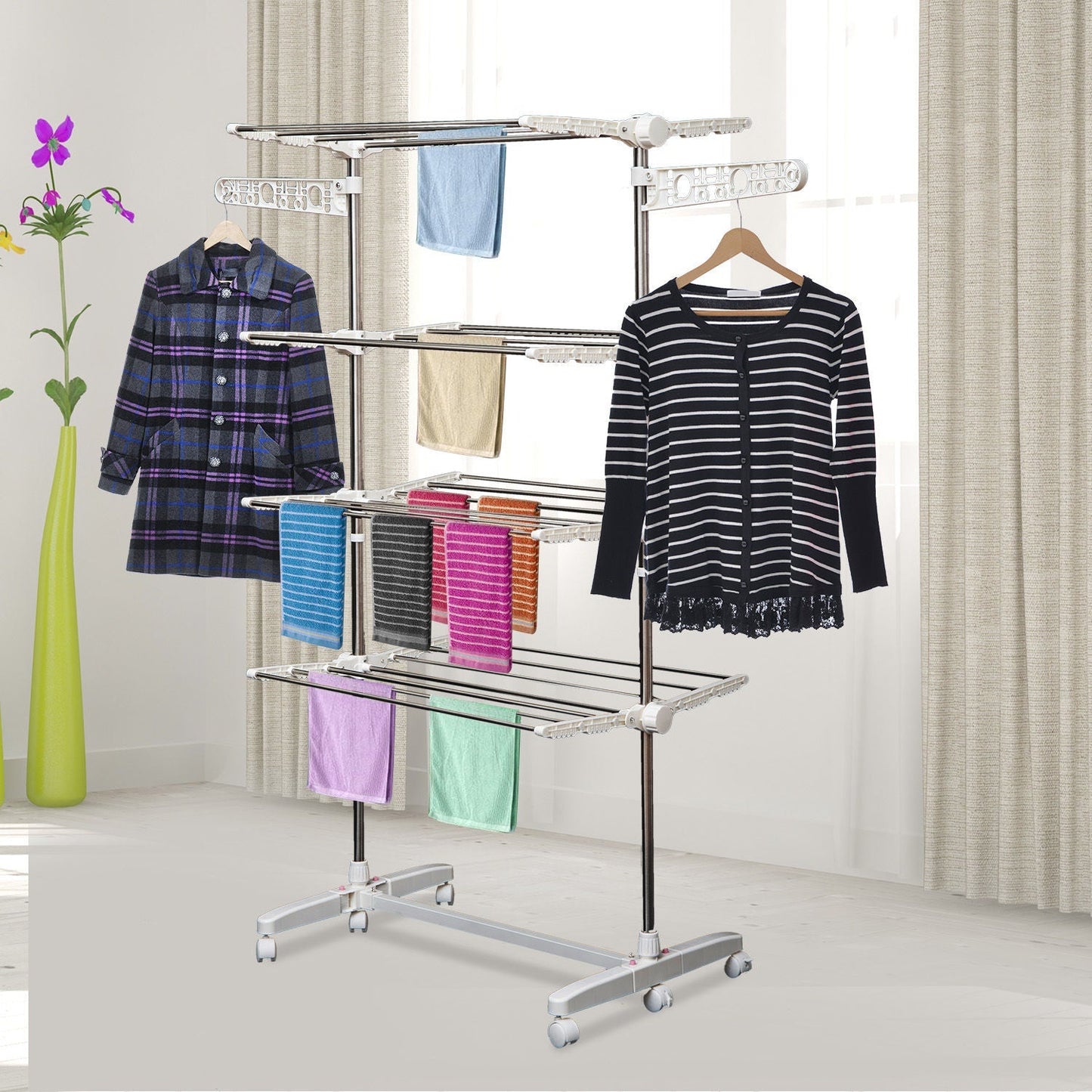 Folding Cloth Rail Adjustable Garment Rack With Wheels 4 Layer