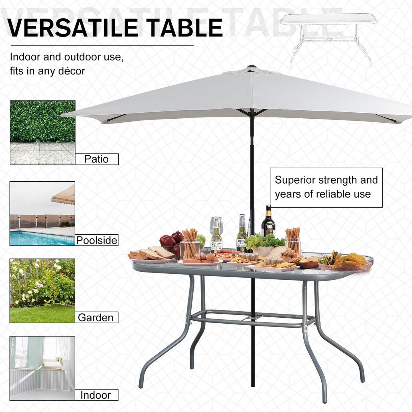 Aquatex Glass Garden Table Curved Metal Frame Parasol Hole 4 Legs Outdoor Grey