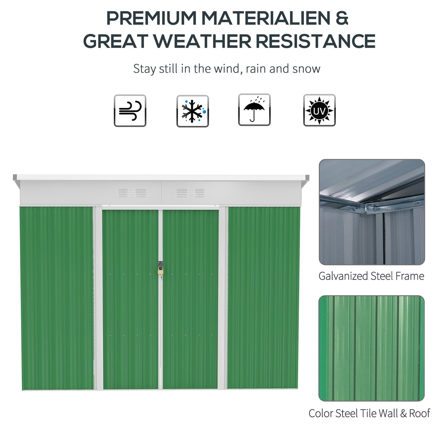 Galvanised 7.6 x 4.3' Sliding Double Door Pent Garden Shed With Ventilation Steel Green by Steadfast