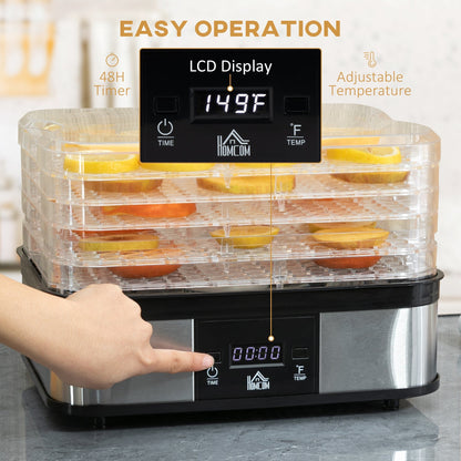 245W 5Kg Five Tray Food Dehydrator With Timer Silver