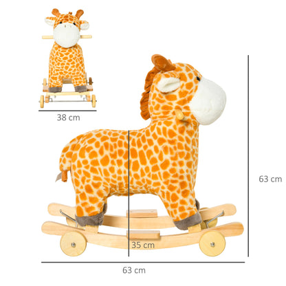 2 In 1 Kids Todder Rocking Horse Plush Ride On Giraffe Rocker with Wheels Wooden Base Animal Sounds for 36-72 Months