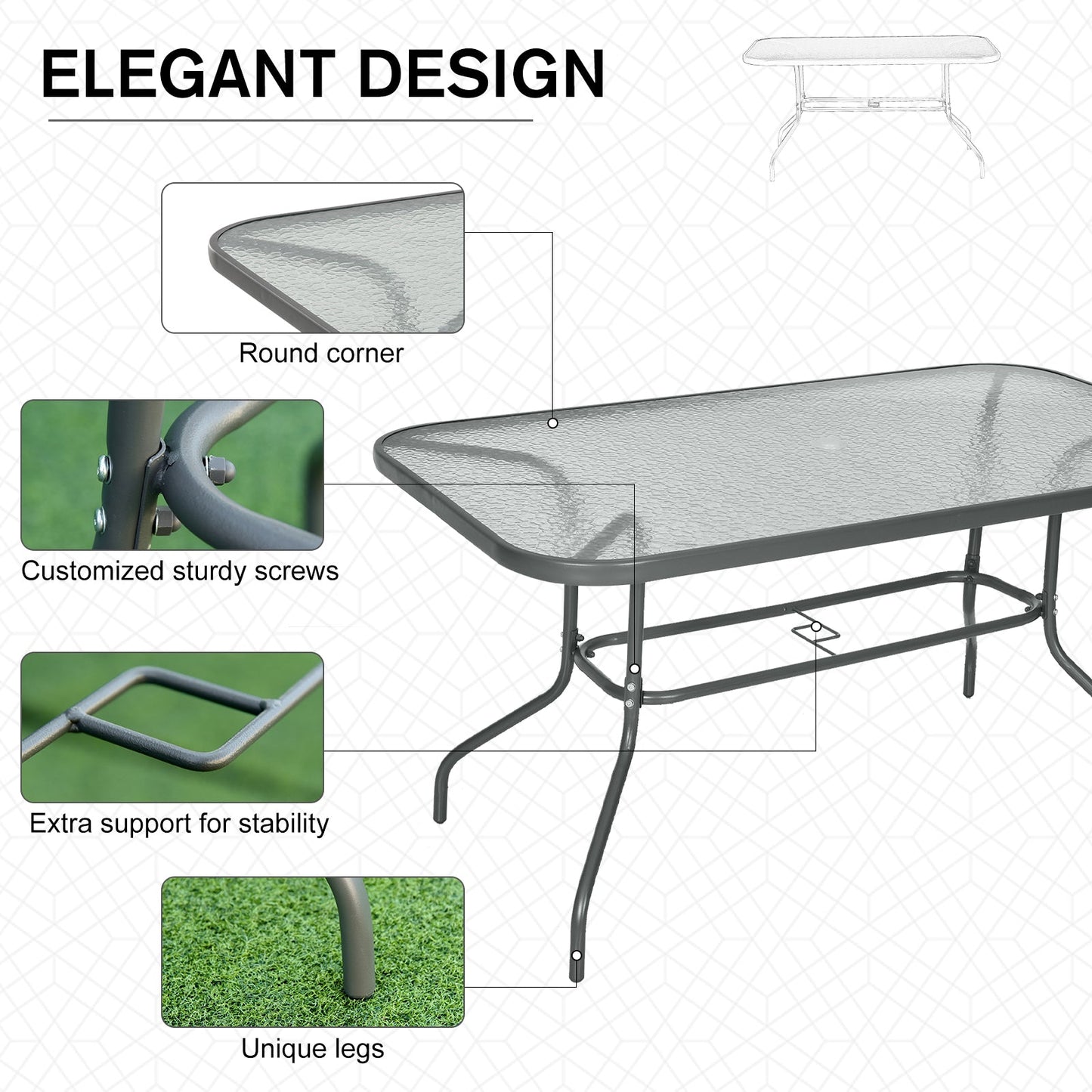 Aquatex Glass Garden Table Curved Metal Frame Parasol Hole 4 Legs Outdoor Grey