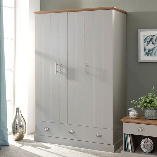 GFW Kendal Tall Wardrobe Grey 3 Doors 1 Shelf 3 Drawers