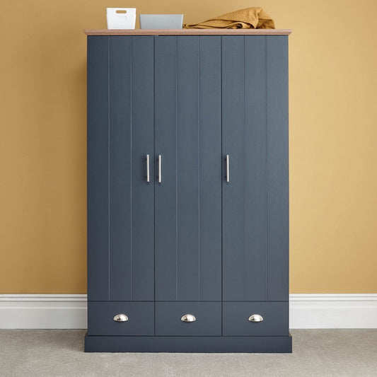 GFW Kendal Tall Wardrobe Blue 3 Doors 1 Shelf 3 Drawers