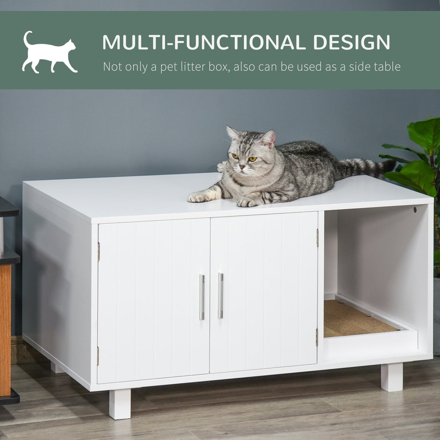 PawHut Indoor Feline Cat Box Furniture Kitty Table w/ Scratch & Magnetic Doors