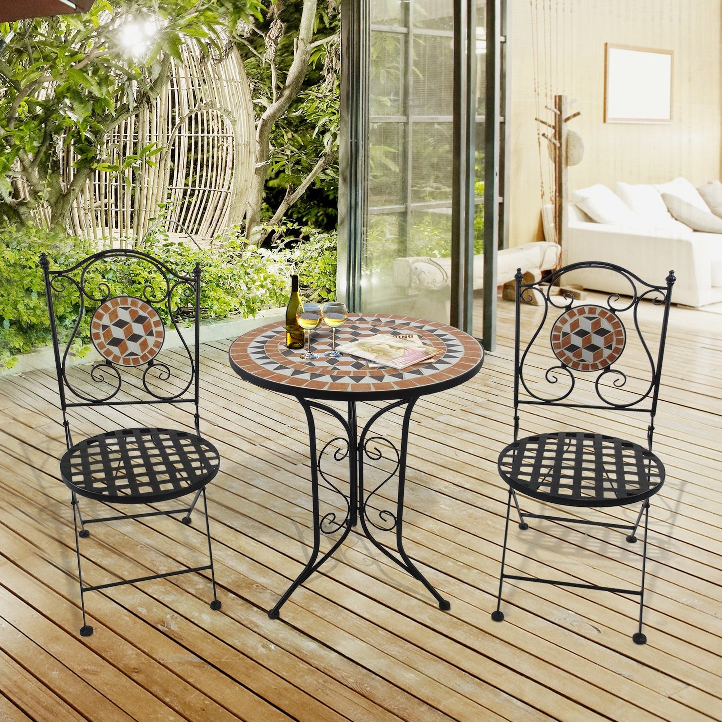 Outsunny 3 Pcs Garden Mosaic Bistro Set Outdoor Patio 2 Folding Chairs & 1 Round Table Outdoor Furniture Vintage