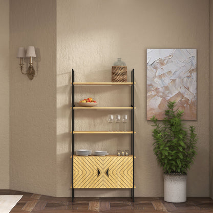 Bookcase 4-Tier Storage Shelf With Double Door Cabinet And Metal Frame For Living Room Bedroom Oak Tone