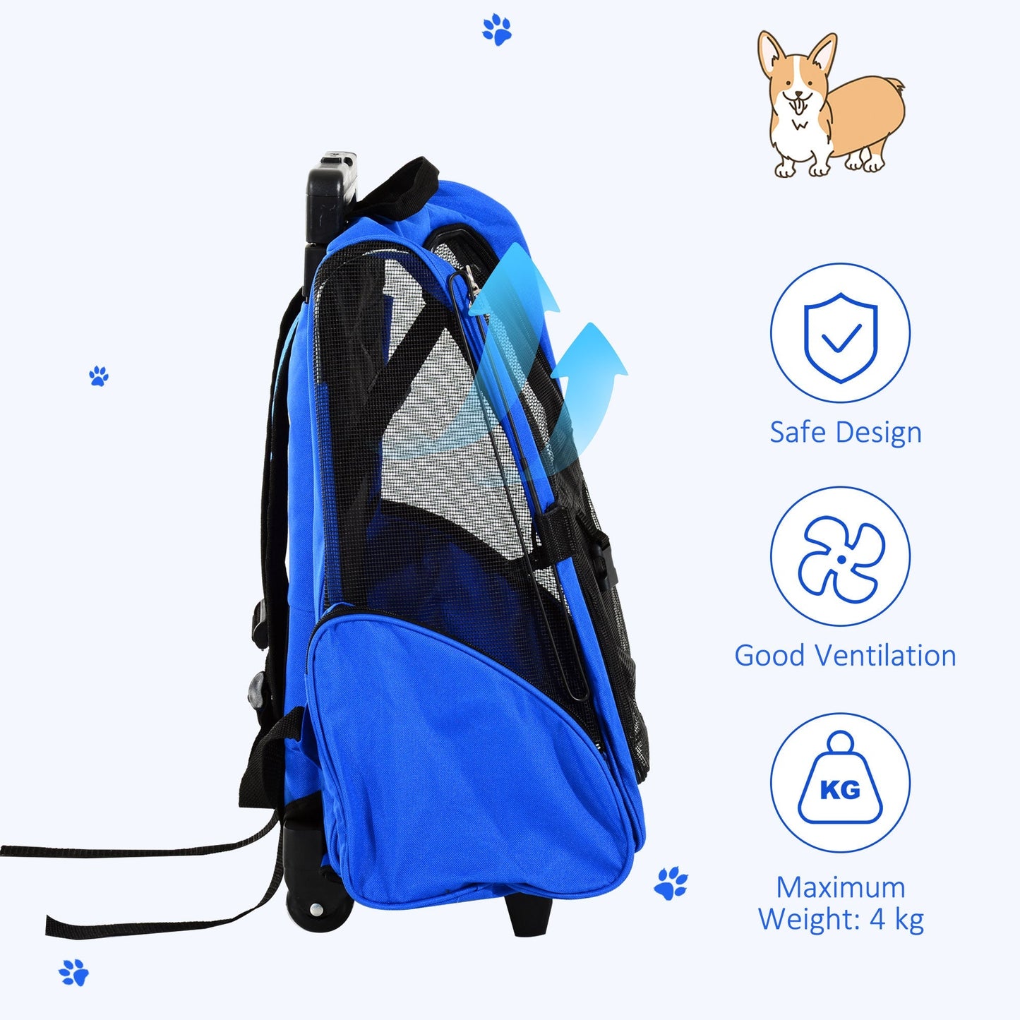 PawHut Pet Travel Backpack Bag Cat Puppy Dog Carrier w/ Trolley and Telescopic Handle Portable Stroller Wheel Luggage Bag Blue