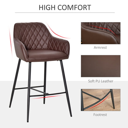 Homcom Set Of 2 Bar Stools Retro Pu Leather Bar Chairs W/ Footrest Metal Frame Comfort Support Stylish Dining Seating Home Brown