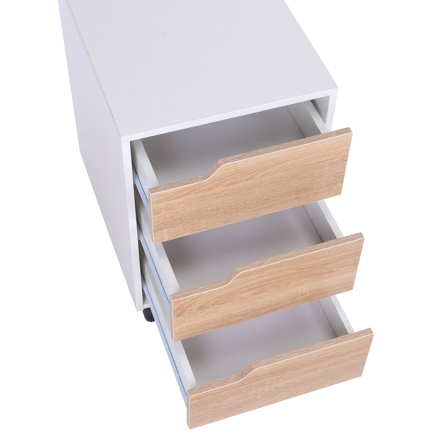 Medium-density fibreboard Mobile File Cabinet w/ 3 Drawers Locking Wheels Metal Rails Oak Tone White