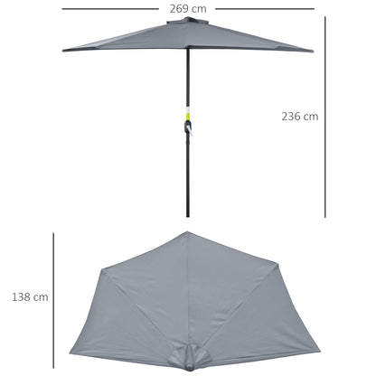 2.7m Balcony Half Parasol 5 Steel Ribs Construction Garden Outdoor Umbrella Grey