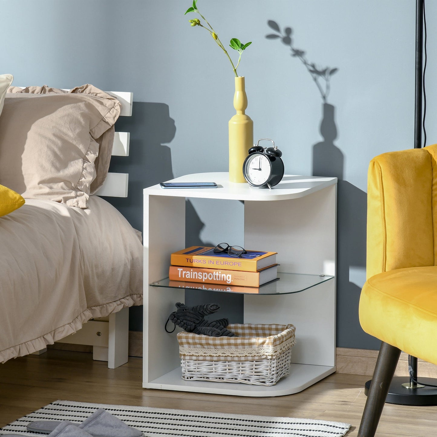 Modern Side Table Three Layer Bedside Table Nightstand with 2 Storage Shelves