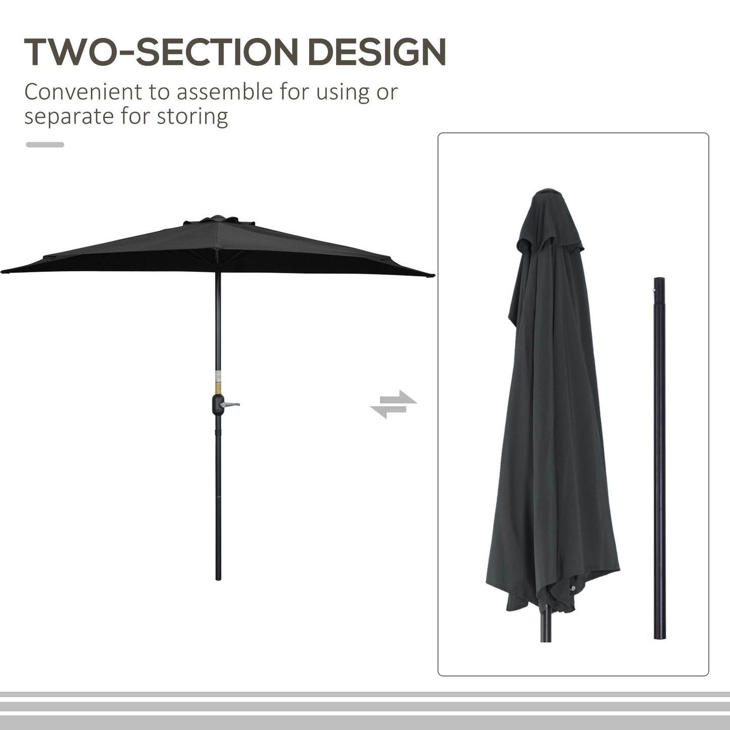 2.7m Balcony Half Parasol 5 Steel Ribs Construction Garden Outdoor Umbrella Black