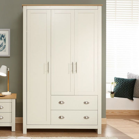 GFW Lancaster Tall Wardrobe Cream 3 Doors 1 Shelf 2 Drawers