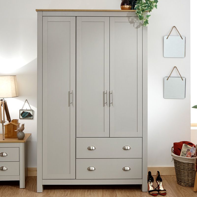 GFW Lancaster Tall Wardrobe Grey 3 Doors 1 Shelf 2 Drawers