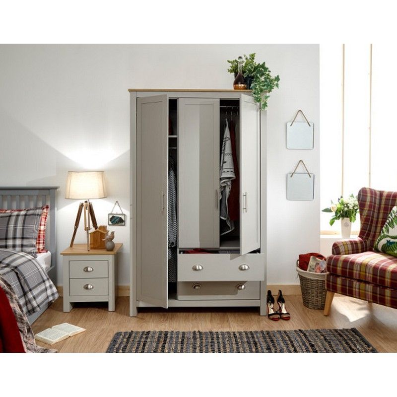 GFW Lancaster Tall Wardrobe Grey 3 Doors 1 Shelf 2 Drawers