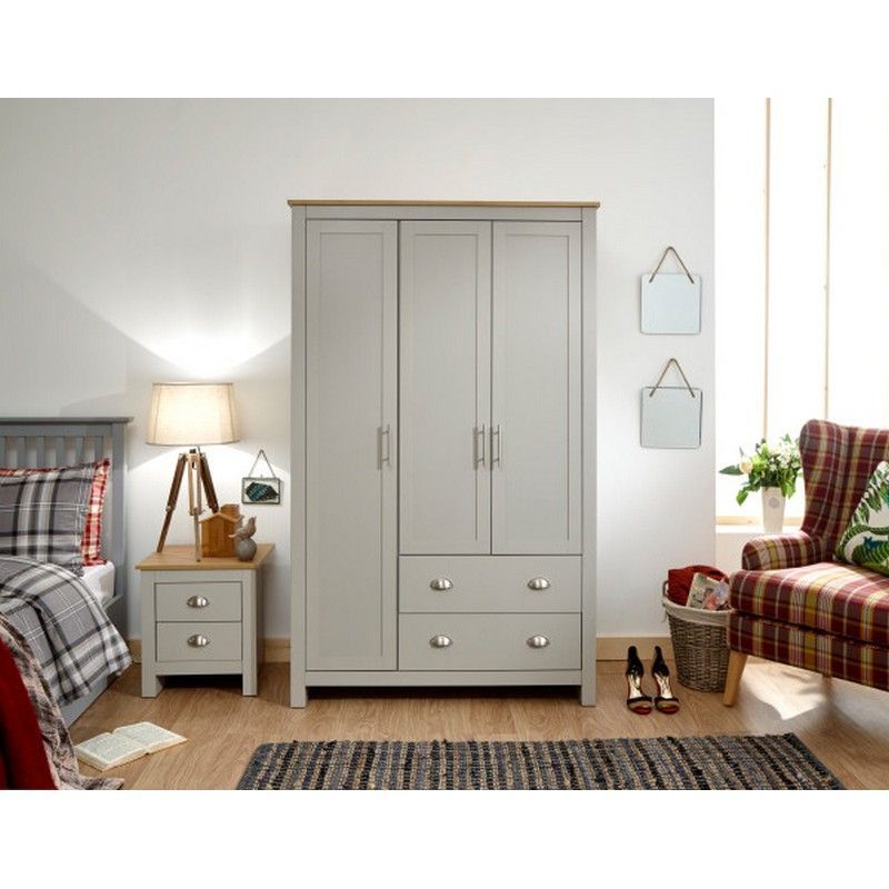 GFW Lancaster Tall Wardrobe Grey 3 Doors 1 Shelf 2 Drawers