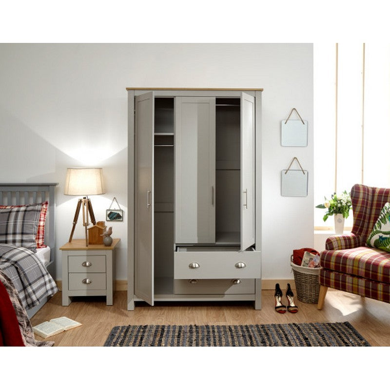 GFW Lancaster Tall Wardrobe Grey 3 Doors 1 Shelf 2 Drawers