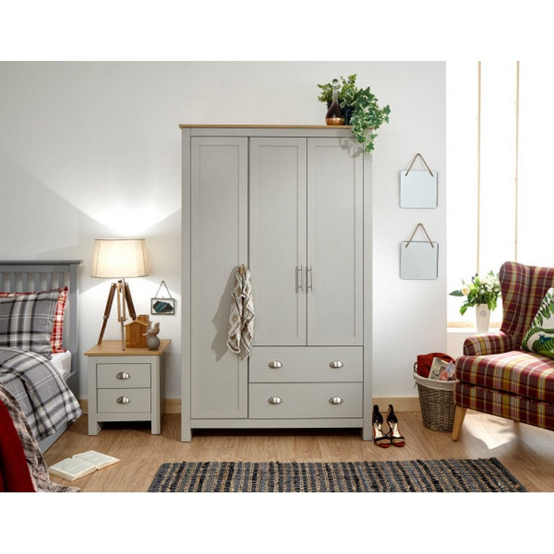 GFW Lancaster Tall Wardrobe Grey 3 Doors 1 Shelf 2 Drawers