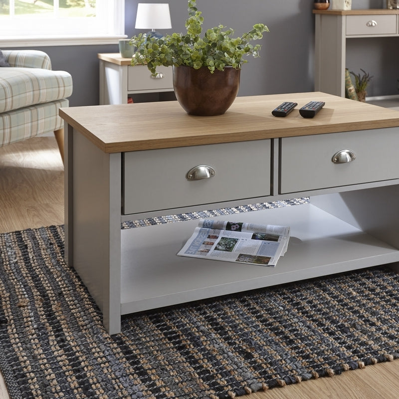 GFW Lancaster Coffee Table Grey 1 Shelf 2 Drawers