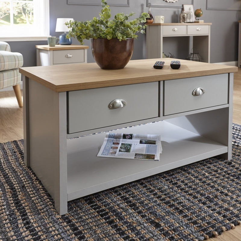 GFW Lancaster Coffee Table Grey 1 Shelf 2 Drawers