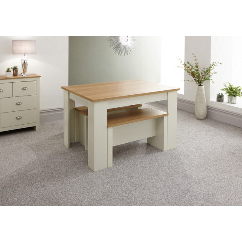 GFW Lancaster 3 Piece Dining Set Cream Table - with 2 Benches