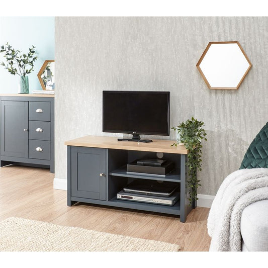 GFW Lancaster TV Unit Wood Blue 4 Shelves 1 Door