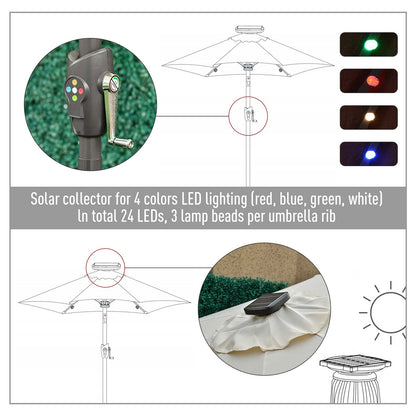 Outsunny Garden Parasol Outdoor Tilt Sun Umbrella Patio 24 Led Light Hand Crank Off-White