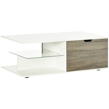 Modern Coffee Table with Tempered Glass Shelf and Two Drawers