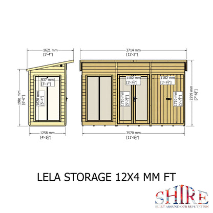 Shire Lela 4' 2" x 11' 8" Pent Summerhouse with Side Shed - Premium Dip Treated Shiplap