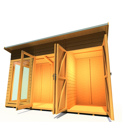 Shire Lela 4' 2" x 11' 8" Pent Summerhouse with Side Shed - Premium Dip Treated Shiplap