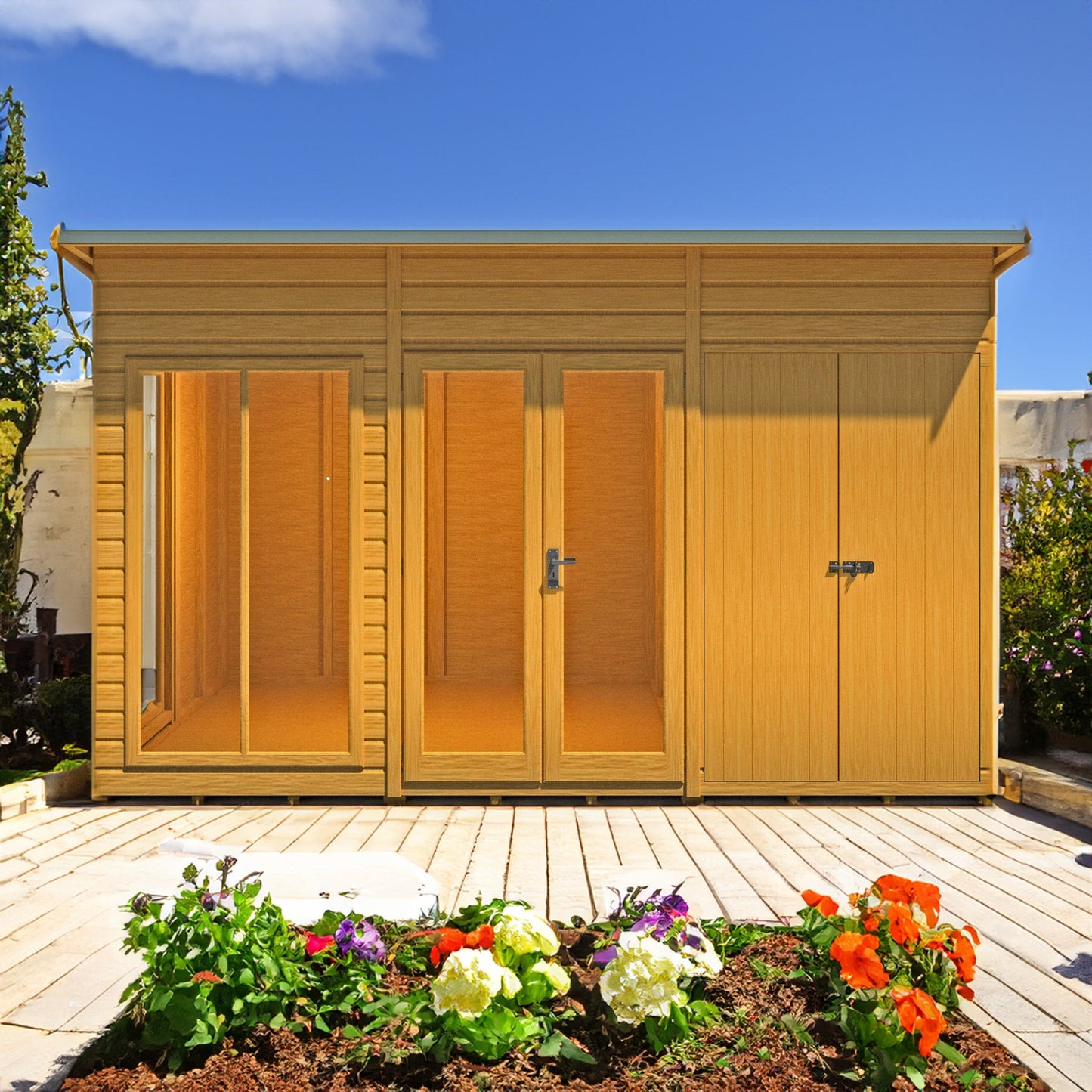 Shire Lela 6' 1" x 11' 8" Pent Summerhouse with Side Shed - Premium Dip Treated Shiplap