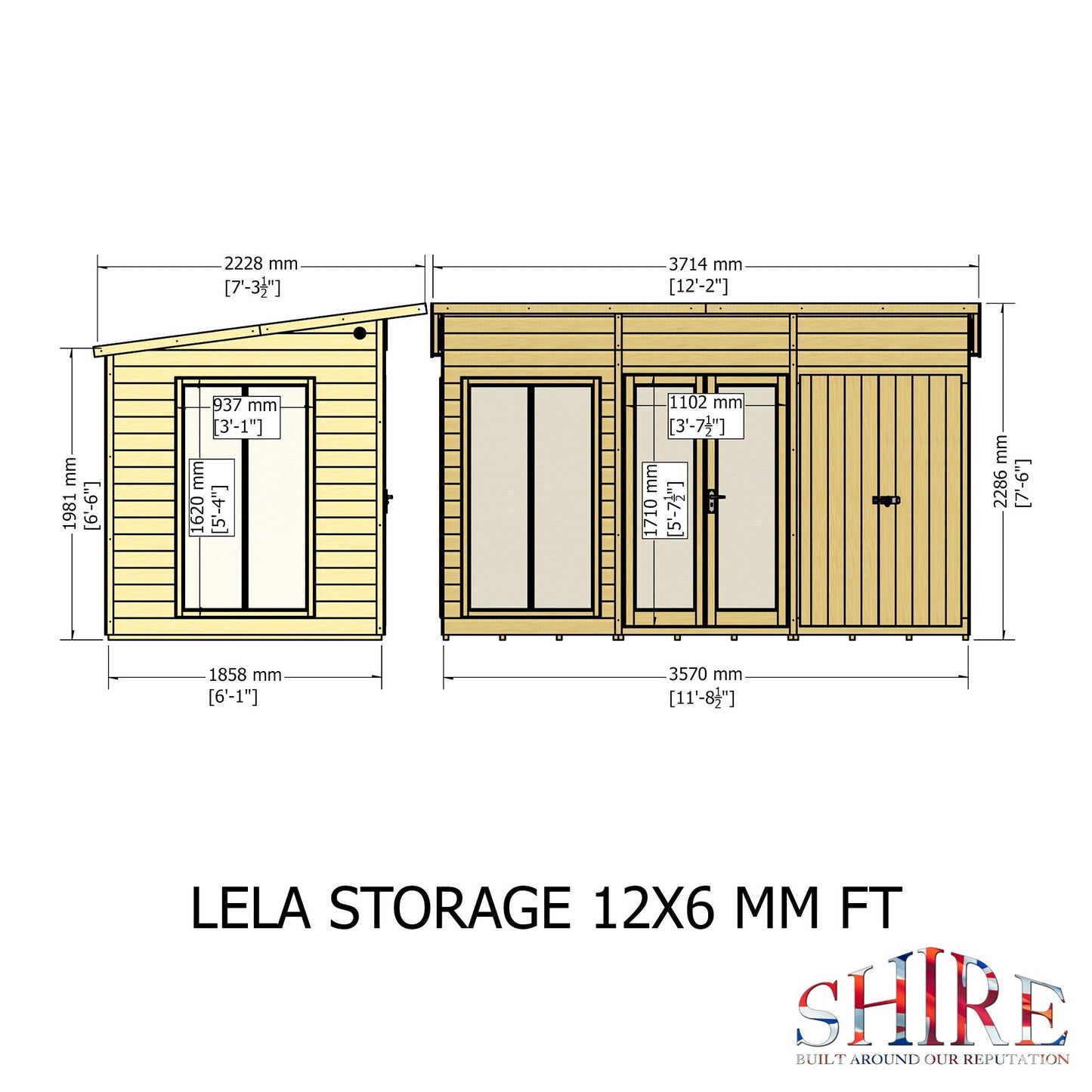 Shire Lela 6' 1" x 11' 8" Pent Summerhouse with Side Shed - Premium Dip Treated Shiplap