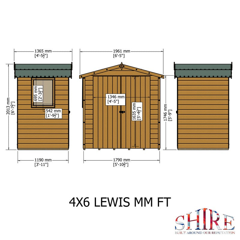 Shire Lewis 4' 4" x 6' 2" Apex Shed - Premium Pressure Treated Shiplap