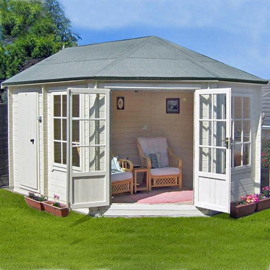 Shire Shire Leygrove 14' x 10' Hexagonal Hip Log Cabin - Premium 28mm Cladding Tongue & Groove