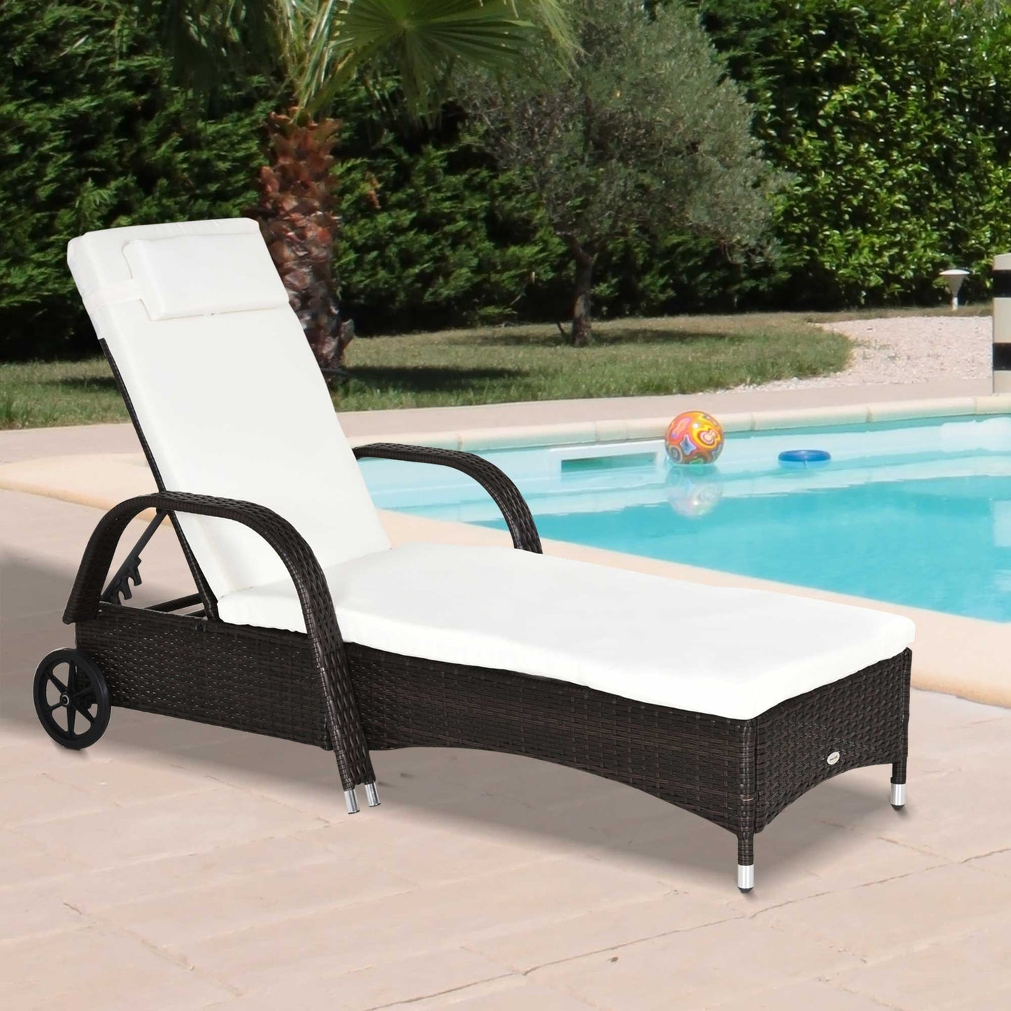 Brown Rattan Sun Lounger w/ Adjustable Steel Frame