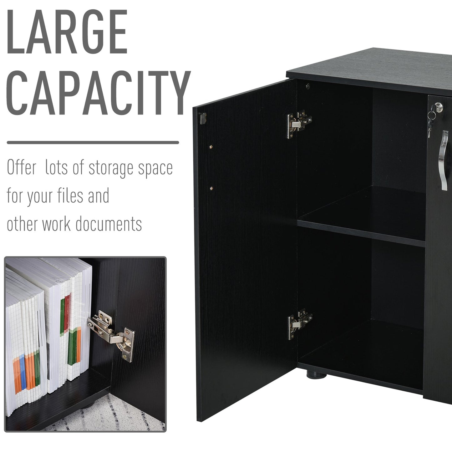 Vinsetto 2-Tier Locking Office Storage Cabinet File Organisation w/ Feet Melamine Coating Aluminium Handles 2 Keys Stylish Black