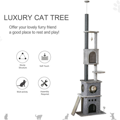 PawHut 255cm Floor To Ceiling Cat Tree for Indoor Cats Climber Scratching Post Adjustable Height Play Tower Removable Cover Grey