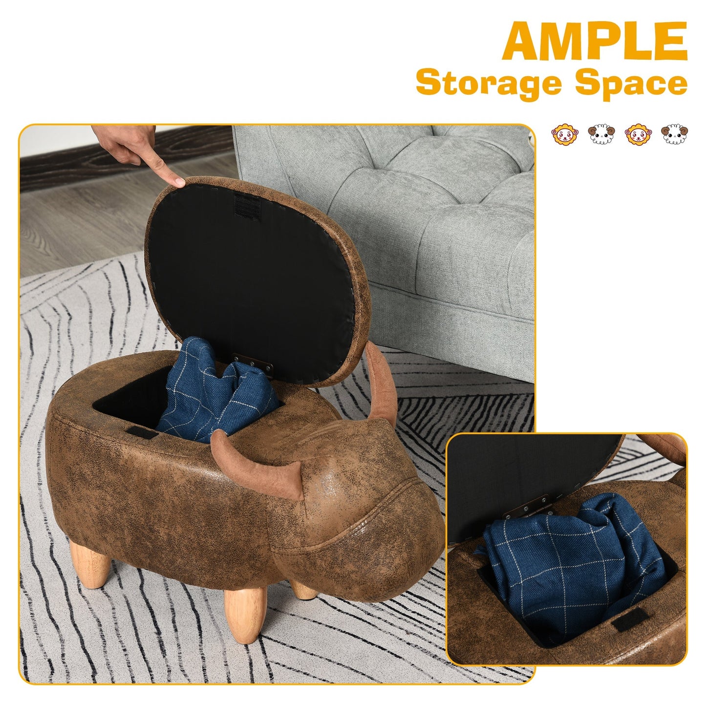 Animal footstool Buffalo Storage Stool Cute Kids Decoration Wood Frame Legs w/Padding Lid Ottoman Furniture Brown