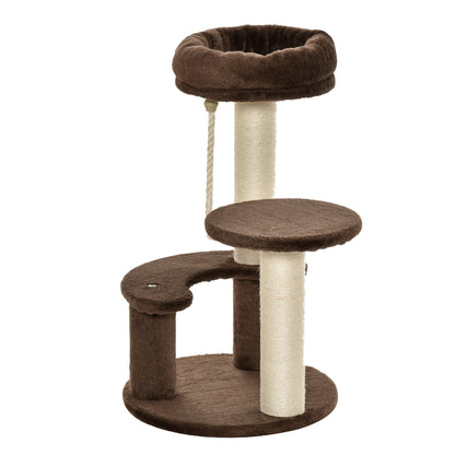 PawHut 65 cm Cat Tree for Indoor Cats Kitty Scratcher Kitten Activity Center Scratching Post Playhouse 2 Perch w/ Hanging Sisal Rope Brown