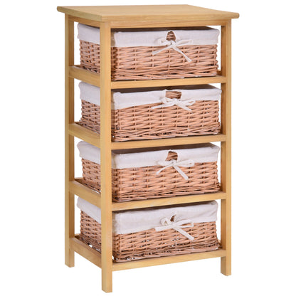 Homcom 4 Drawer Dresser Wicker Basket Storage Shelf Unit Wooden Frame Home Organisation Cabinet Bedroom Office Furniture Natural Finish 73x40cm