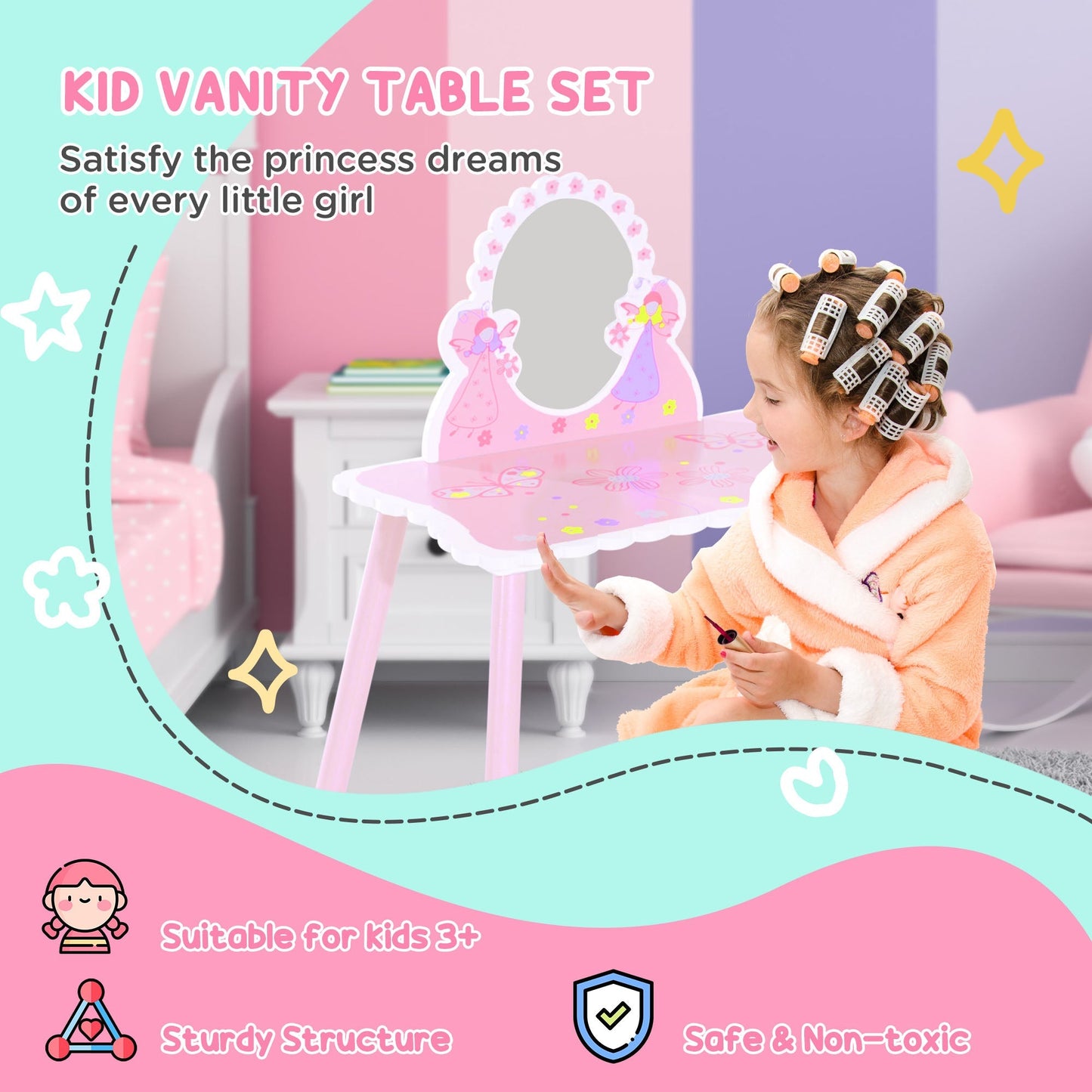 Kids Dressing Table Girls Pink Wooden Kids Dressing Table & Stool Make Up Desk Chair Toys Fairy Dresser Play Set w/Mirror