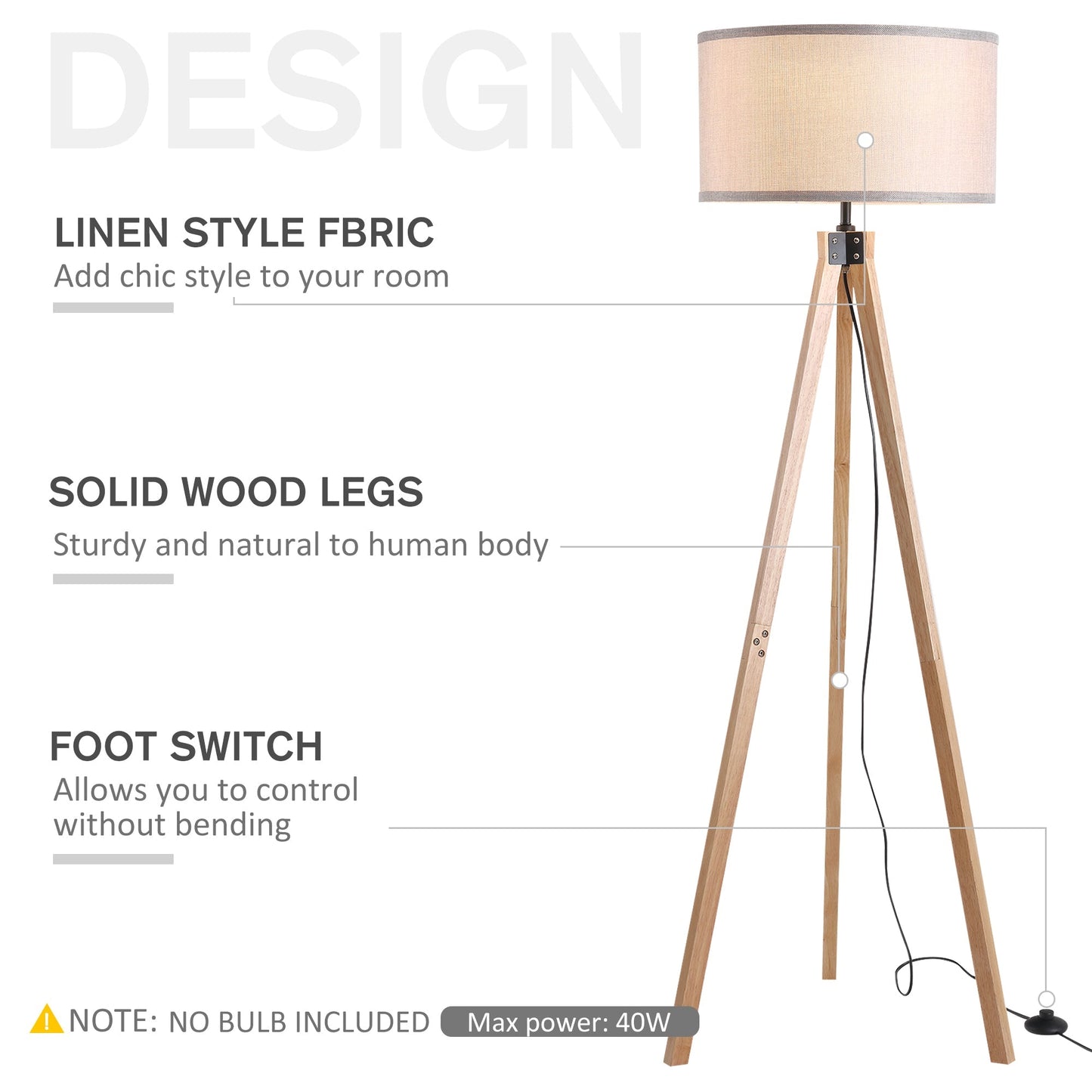 5FT Elegant Wood Tripod Floor Lamp Free Standing E27 Bulb Lamp Versatile Use For Home Office - Grey