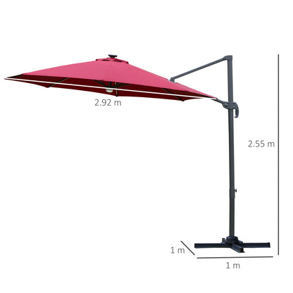 Outsunny 3(M) Led Cantilever Parasol Outdoor Sun Umbrella With Base Solar Lights Red