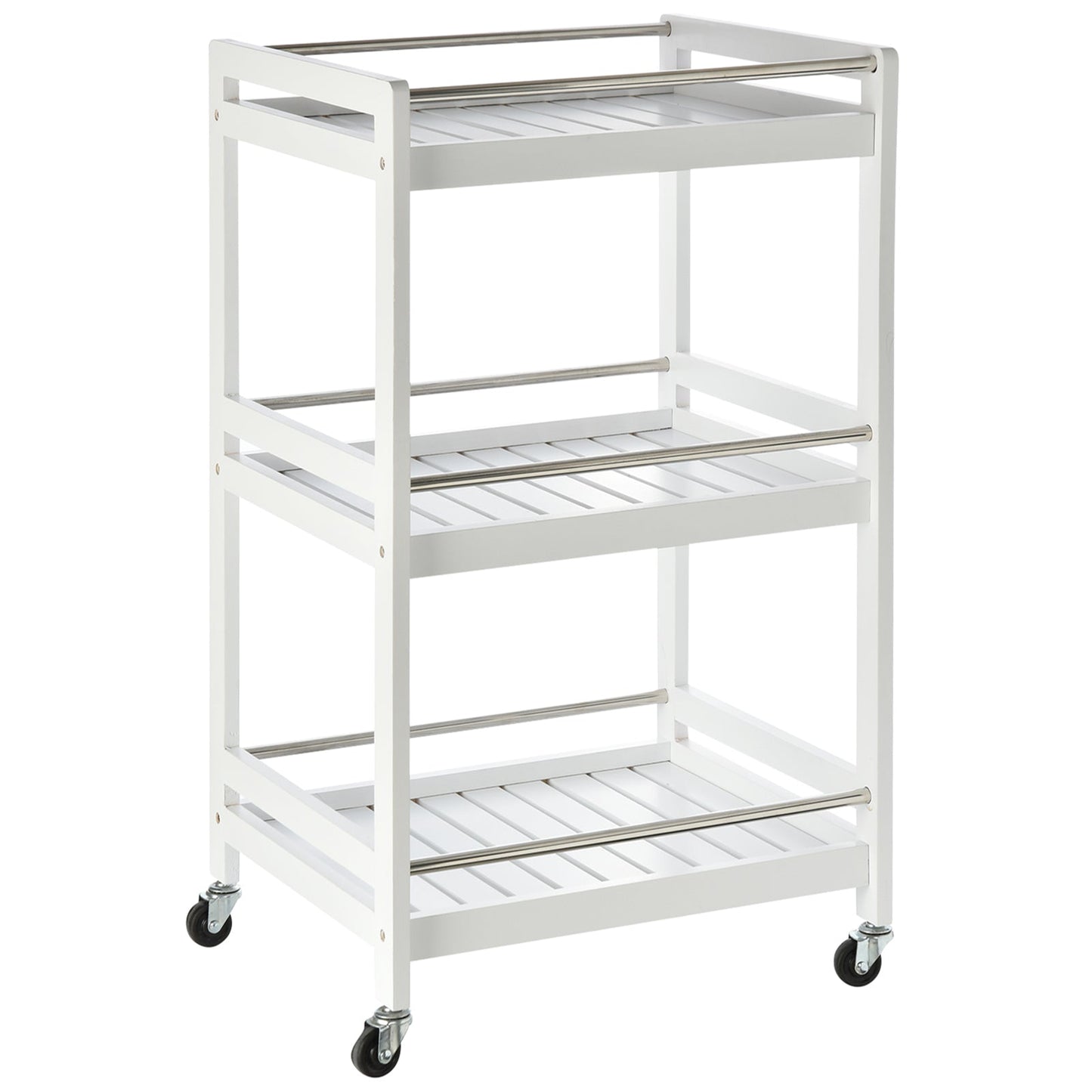 3-Tier Home Trolley Kitchen Storage Cart w/ Steel Bars 4 Universal Wheels Rolling Unit Organiser Living Room White