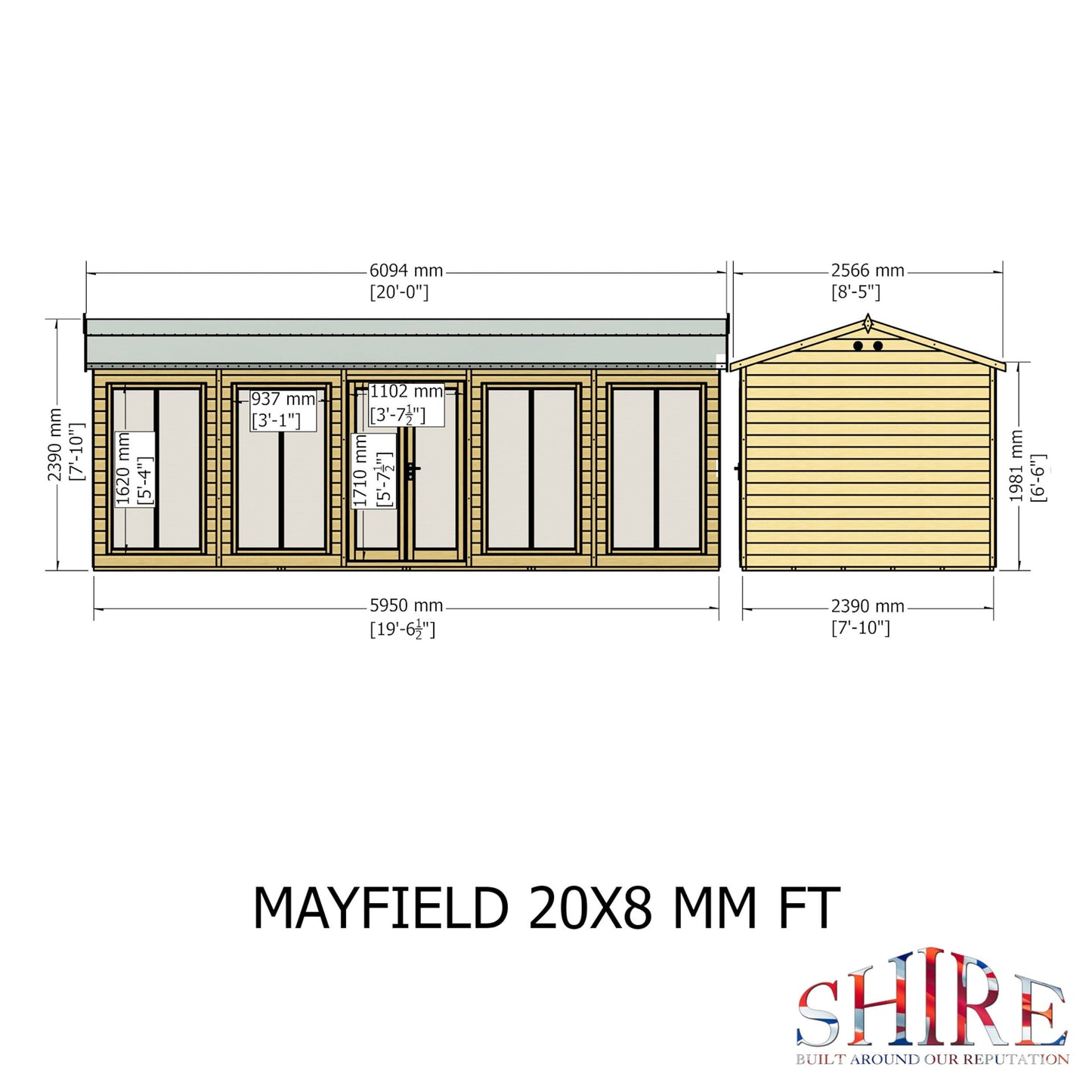 Shire Mayfield 7' 10" x 19' 6" Reverse Apex Summerhouse - Premium Dip Treated Shiplap