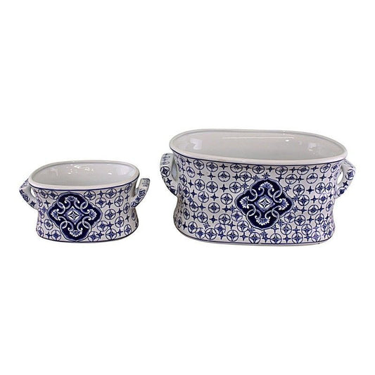 Scarthingwell 2x Planter Ceramic Blue & White with Ornate Pattern