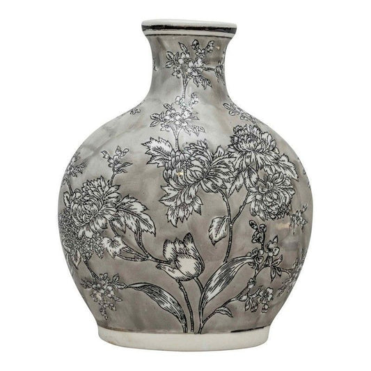 Scarthingwell Bottle Vase Ceramic Grey & White with Flower Pattern - 32cm