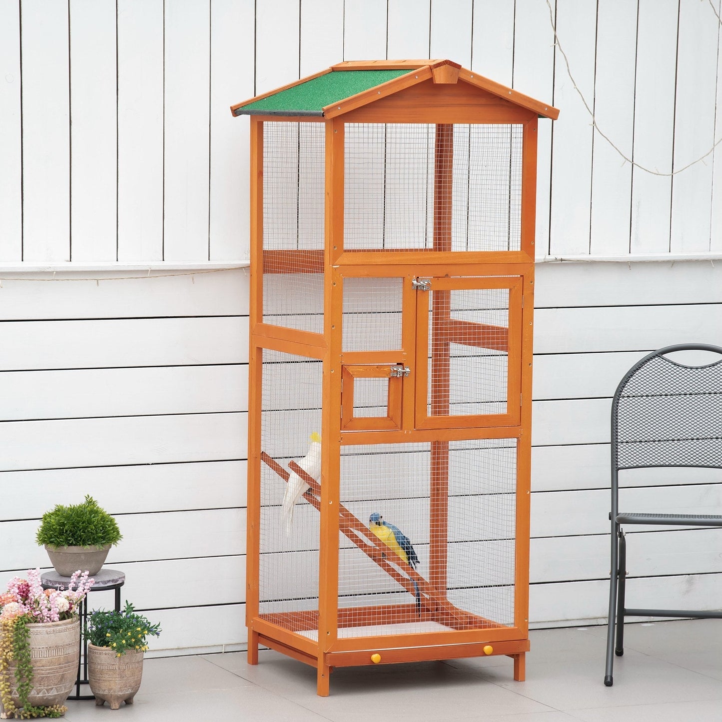 Cosy 165cm Bird Aviary Cage Two Door Fir Wood & Metal Orange & Green by Pawhut